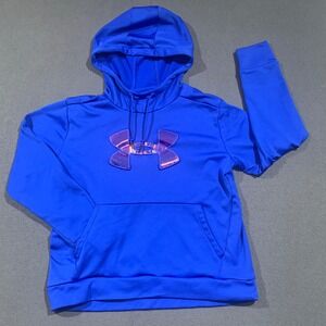 Under Armour Womens Royal Blue Hoodie Iridescent Logo Fleece Pullover L Loose